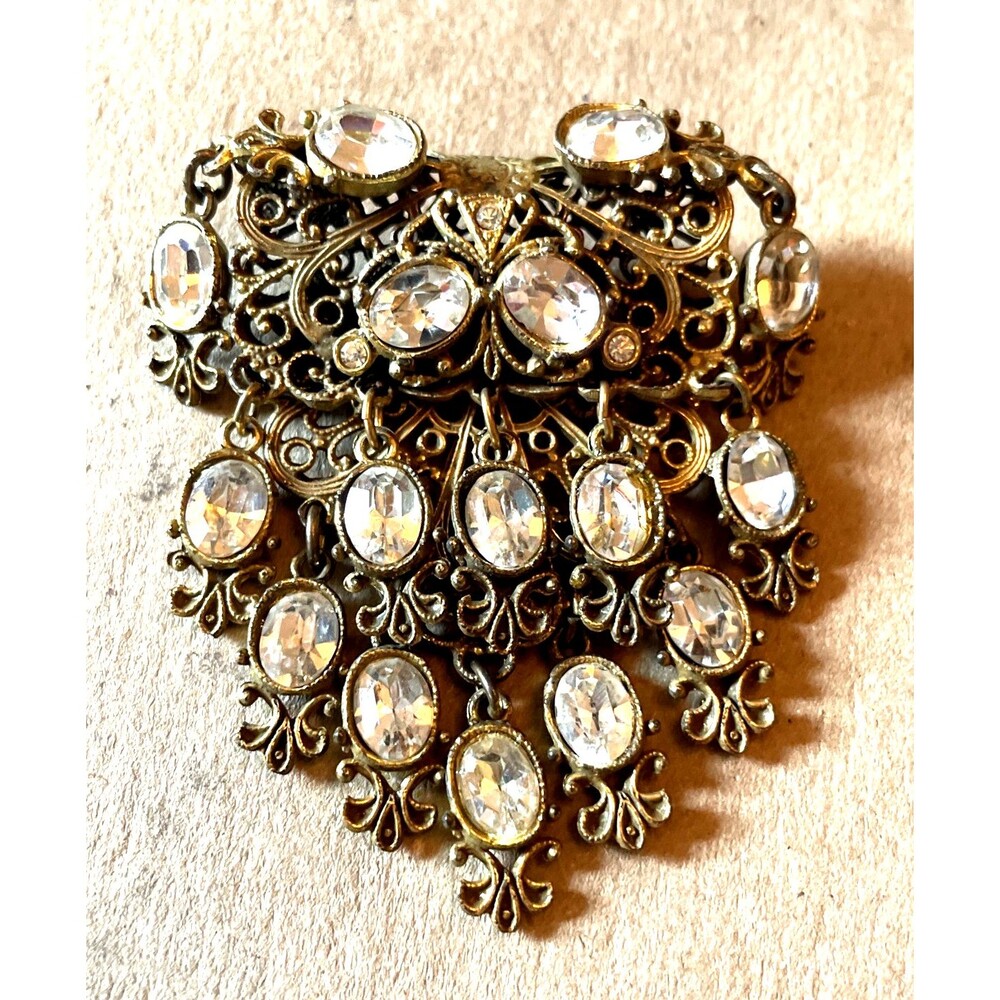 Vintage Filigree Victorian Revival Rhinestone Dangle Brooch Brass